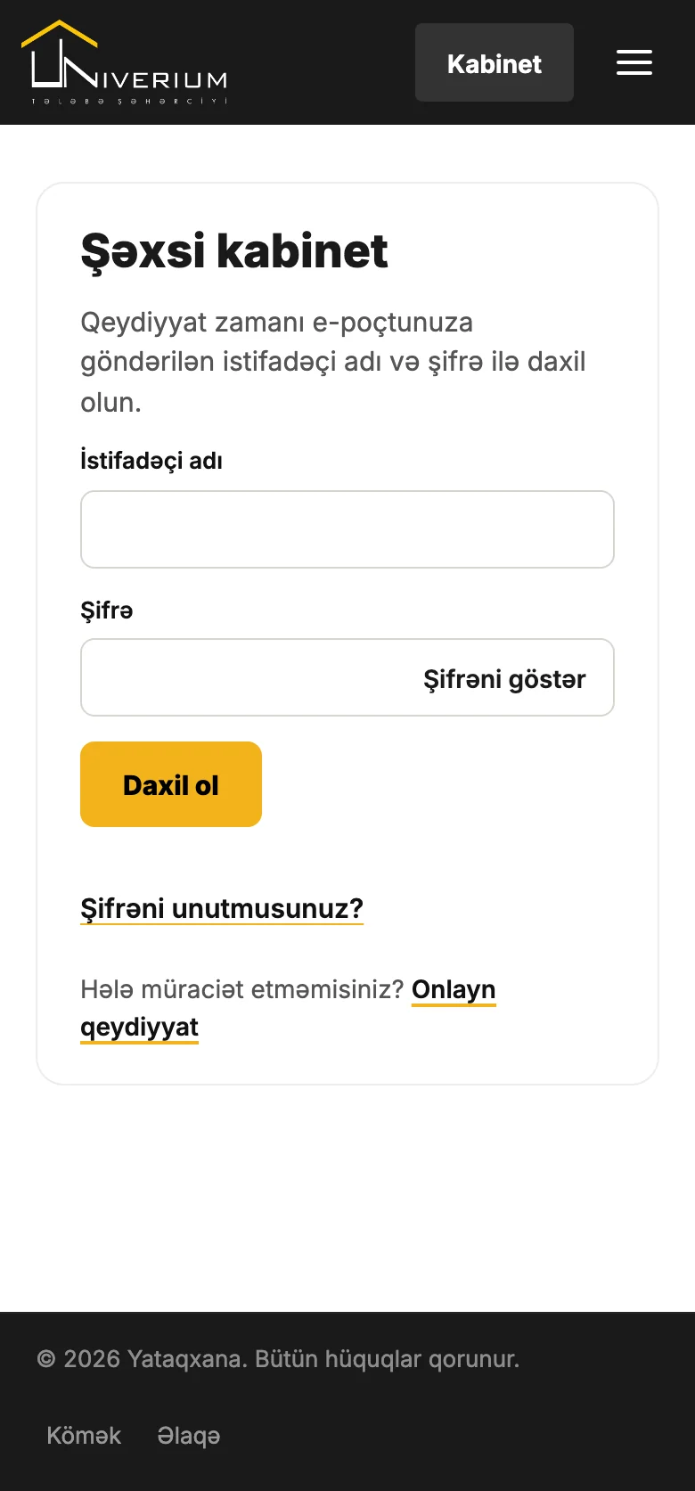 Şəxsi kabinet giriş forması