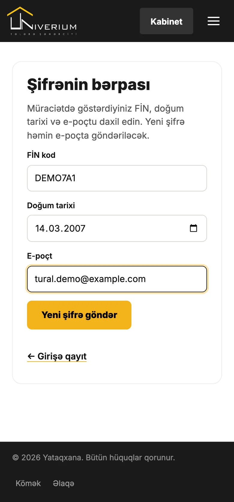 Şifrənin bərpası forması