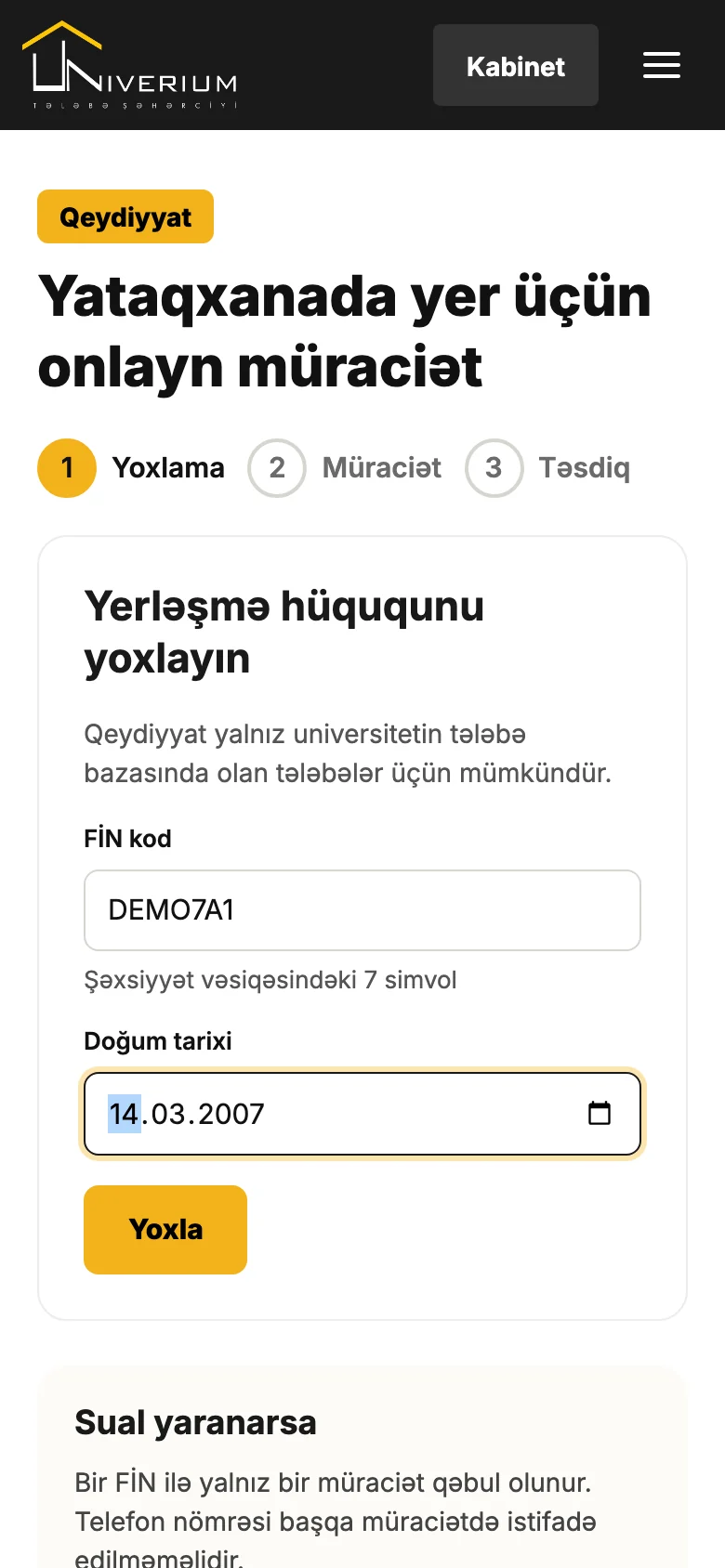 Qeydiyyat, Yoxlama addımı: FİN və doğum tarixi
