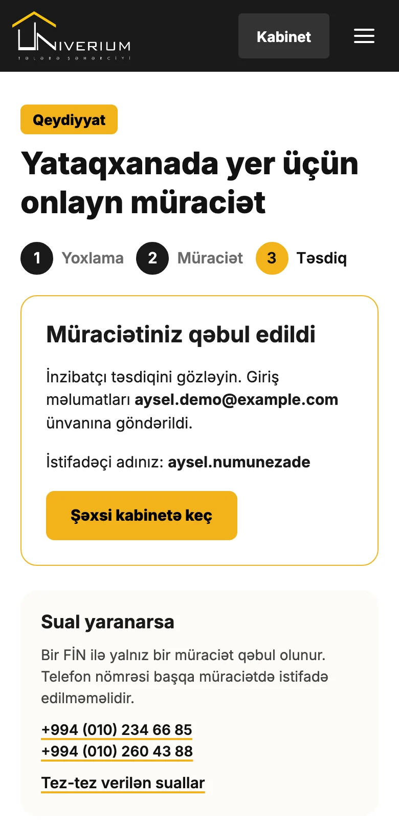 Müraciətiniz qəbul edildi, istifadəçi adı