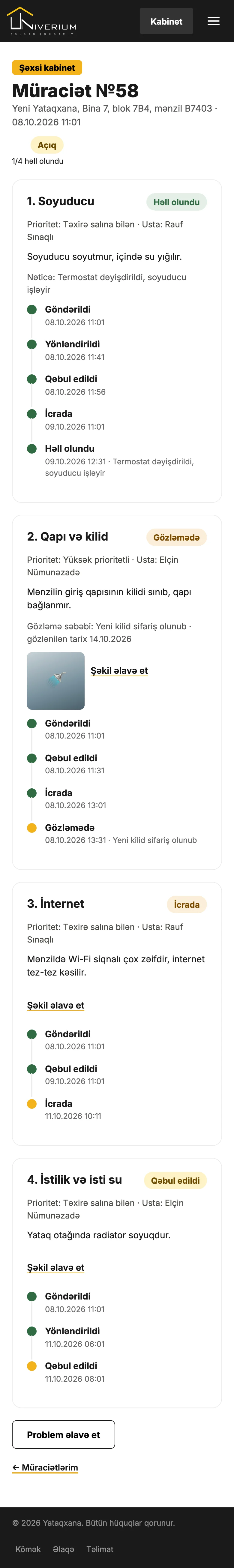 Müraciət kartı: dörd problem müxtəlif statuslarda